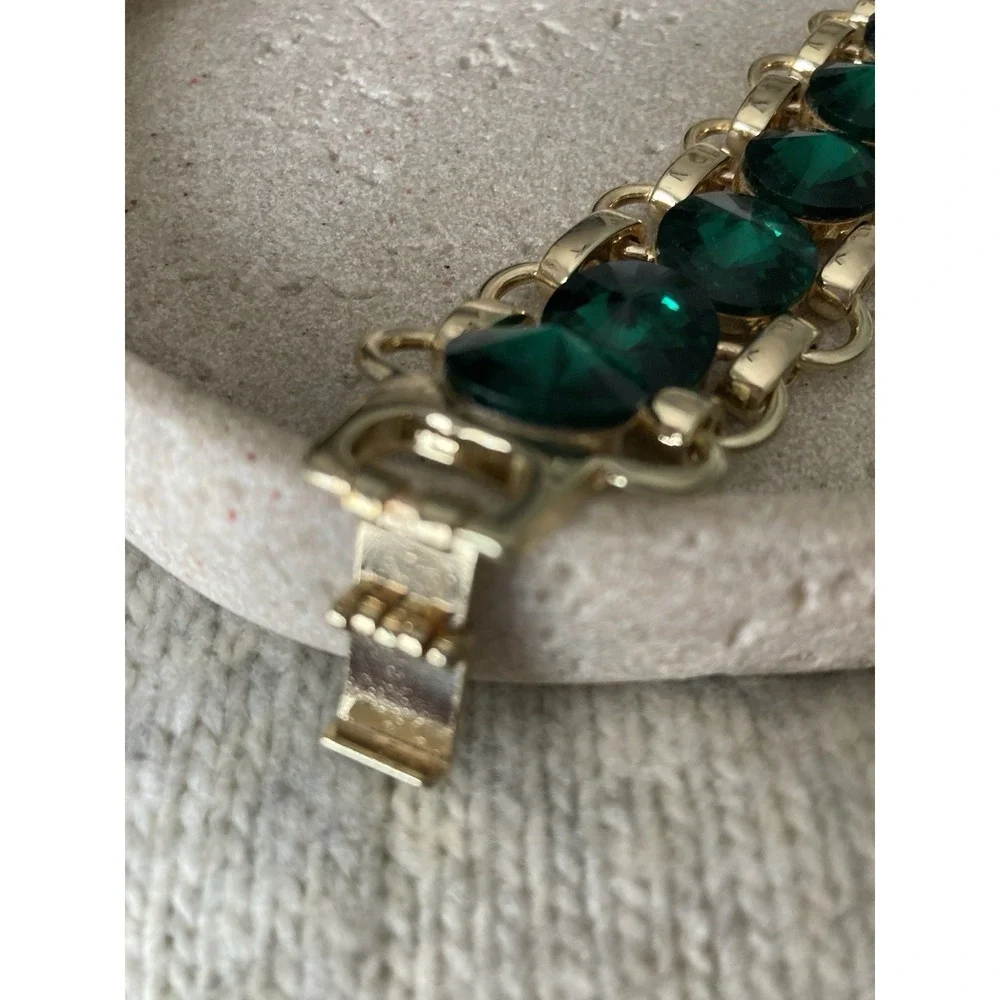 Wide Gold Tone Bracelet Green Faceted Bling Tennis Statement Chunky Costume